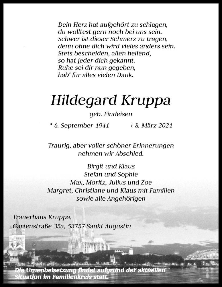  Traueranzeige für Hildegard Kruppa vom 10.03.2021 aus Kölner Stadt-Anzeiger / Kölnische Rundschau / Express