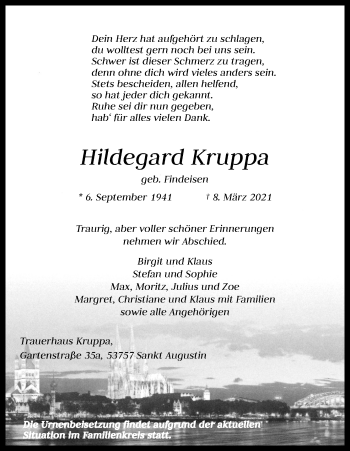 Anzeige von Hildegard Kruppa von Kölner Stadt-Anzeiger / Kölnische Rundschau / Express