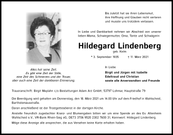 Anzeige von Hildegard Lindenberg von Kölner Stadt-Anzeiger / Kölnische Rundschau / Express