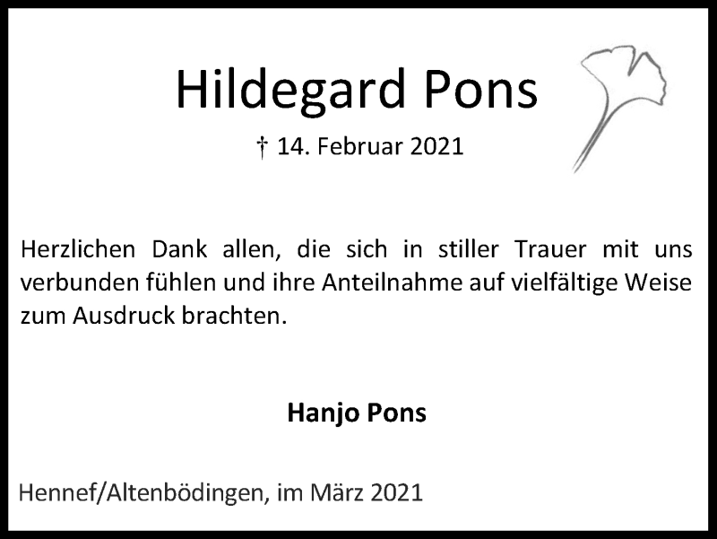 Traueranzeige für Hildegard Pons vom 13.03.2021 aus Kölner Stadt-Anzeiger / Kölnische Rundschau / Express