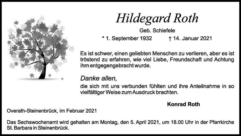  Traueranzeige für Hildegard Roth vom 20.03.2021 aus Kölner Stadt-Anzeiger / Kölnische Rundschau / Express