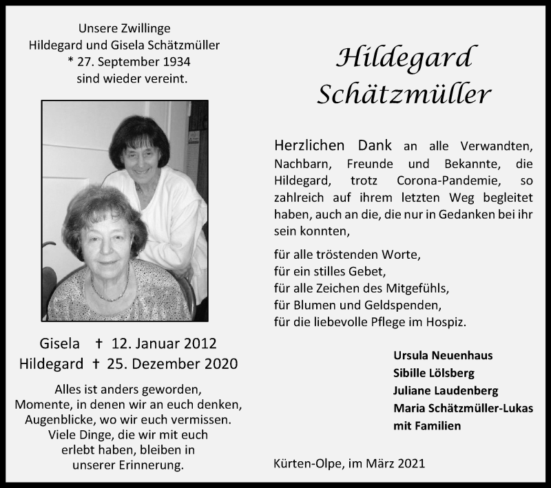  Traueranzeige für Hildegard Schätzmüller vom 06.03.2021 aus Kölner Stadt-Anzeiger / Kölnische Rundschau / Express