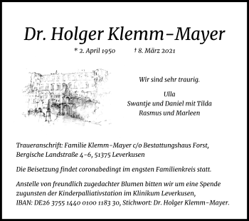 Anzeige von Holger Klemm-Mayer von Kölner Stadt-Anzeiger / Kölnische Rundschau / Express