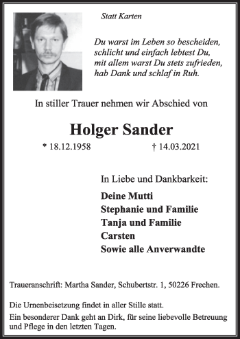 Anzeige von Holger Sander von  Wochenende 