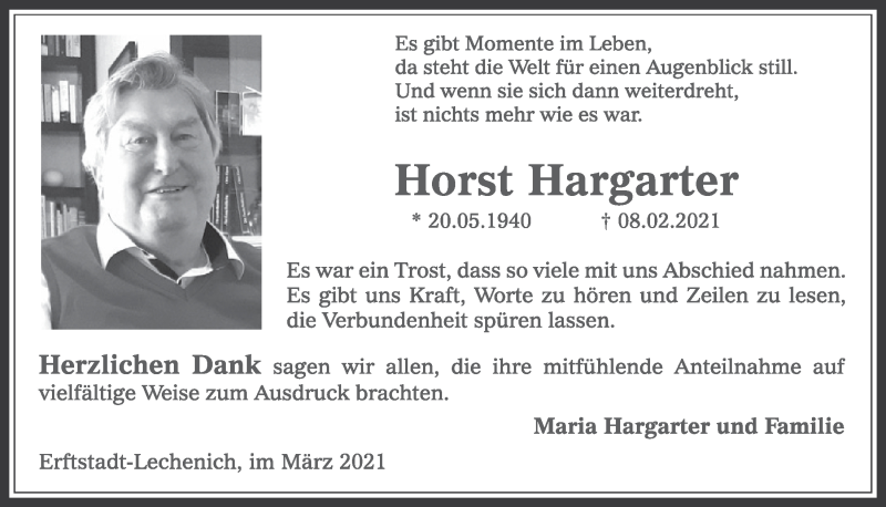  Traueranzeige für Horst Hargarter vom 12.03.2021 aus  Werbepost 