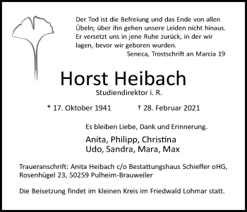 Anzeige von Horst Heibach von Kölner Stadt-Anzeiger / Kölnische Rundschau / Express