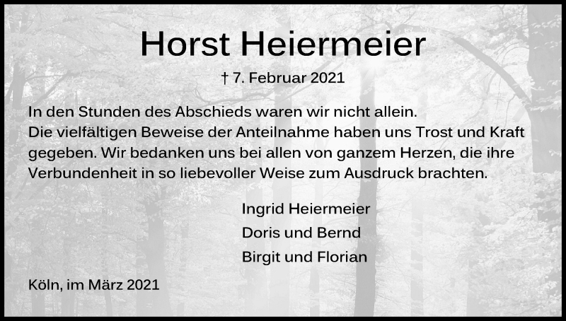  Traueranzeige für Horst Heiermeier vom 20.03.2021 aus Kölner Stadt-Anzeiger / Kölnische Rundschau / Express