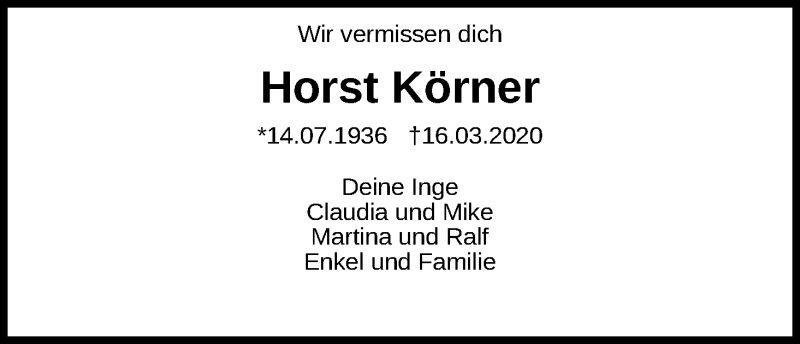  Traueranzeige für Horst Körner vom 16.03.2021 aus Kölner Stadt-Anzeiger / Kölnische Rundschau / Express