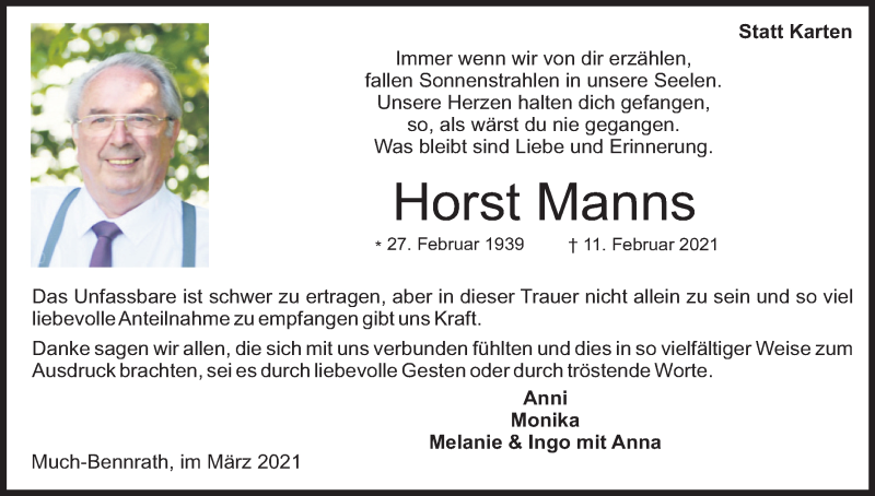  Traueranzeige für Horst Manns vom 27.03.2021 aus Kölner Stadt-Anzeiger / Kölnische Rundschau / Express