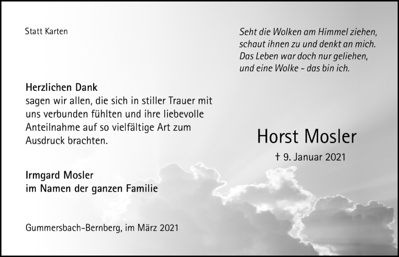  Traueranzeige für Horst Mosler vom 12.03.2021 aus  Anzeigen Echo 