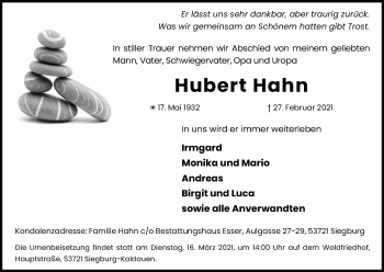 Anzeige von Hubert Hahn von Kölner Stadt-Anzeiger / Kölnische Rundschau / Express