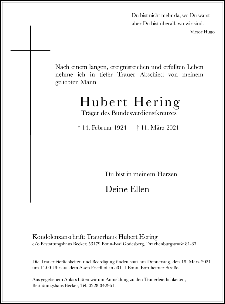  Traueranzeige für Hubert Hering vom 13.03.2021 aus Kölner Stadt-Anzeiger / Kölnische Rundschau / Express