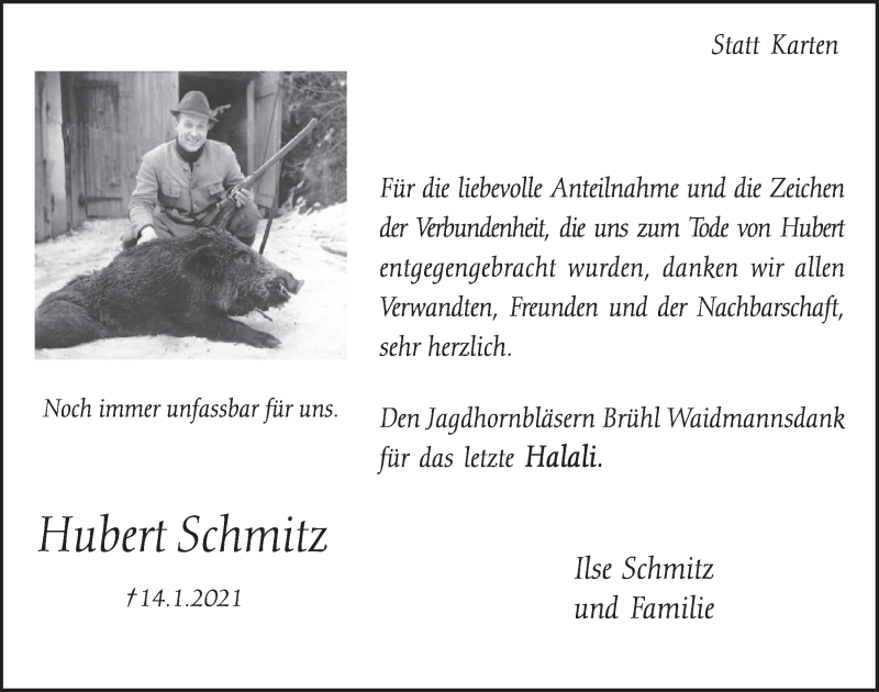  Traueranzeige für Hubert Schmitz vom 05.03.2021 aus  Schlossbote/Werbekurier 
