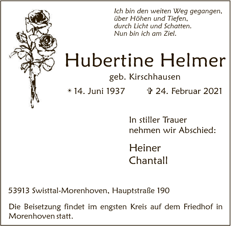  Traueranzeige für Hubertine Helmer vom 05.03.2021 aus  Schaufenster/Blickpunkt 
