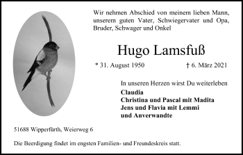 Anzeige von Hugo Lamsfuß von Kölner Stadt-Anzeiger / Kölnische Rundschau / Express