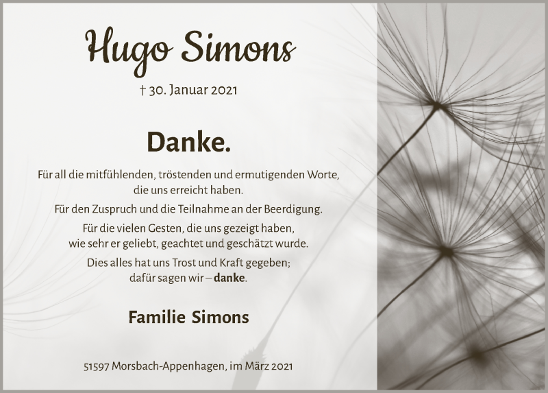  Traueranzeige für Hugo Simons vom 19.03.2021 aus  Lokalanzeiger 