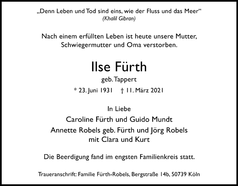  Traueranzeige für Ilse Fürth vom 20.03.2021 aus Kölner Stadt-Anzeiger / Kölnische Rundschau / Express