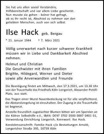 Anzeige von Ilse Hack von Kölner Stadt-Anzeiger / Kölnische Rundschau / Express