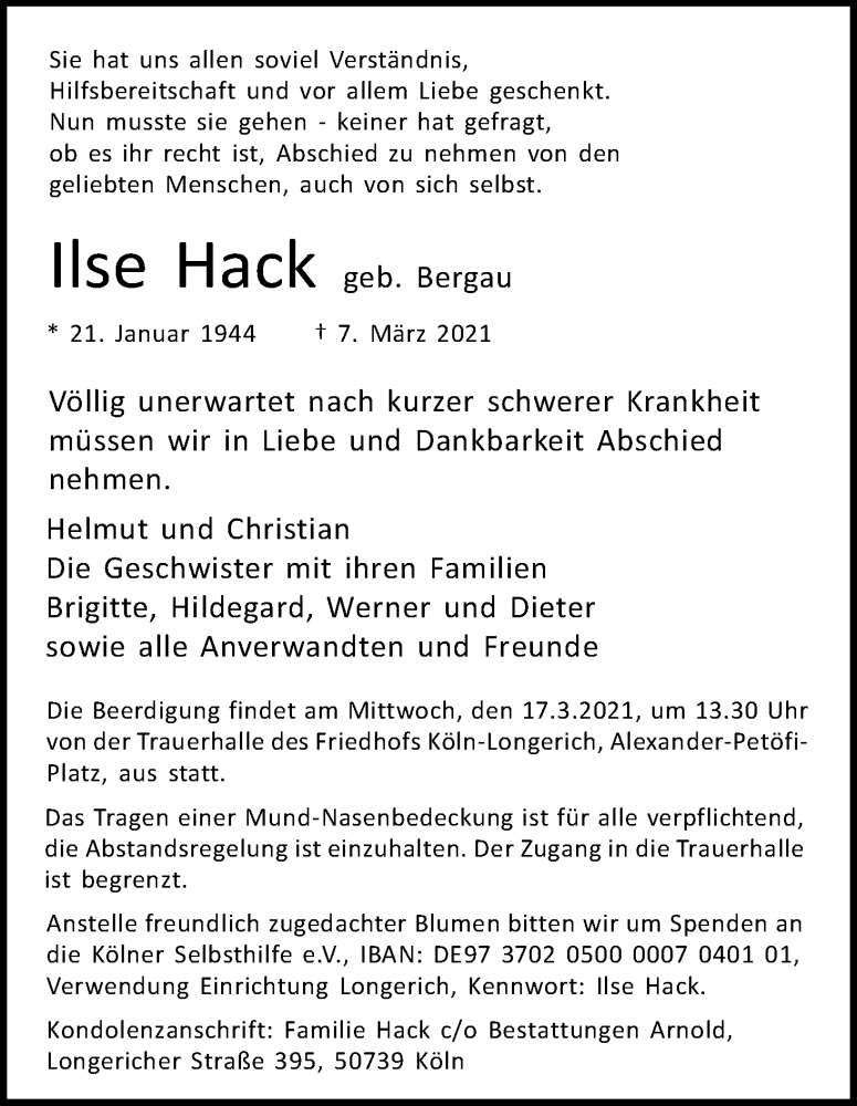  Traueranzeige für Ilse Hack vom 13.03.2021 aus Kölner Stadt-Anzeiger / Kölnische Rundschau / Express