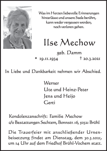Anzeige von Ilse Mechow von  Schlossbote/Werbekurier 