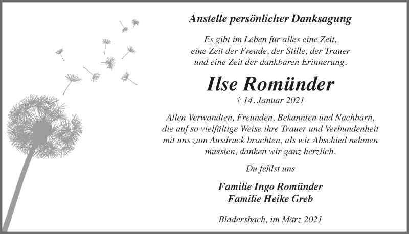  Traueranzeige für Ilse Romünder vom 19.03.2021 aus  Lokalanzeiger 