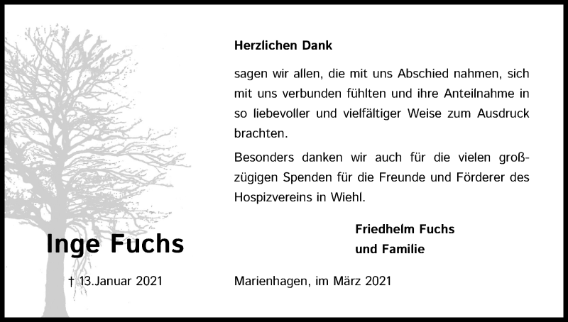  Traueranzeige für Inge Fuchs vom 20.03.2021 aus Kölner Stadt-Anzeiger / Kölnische Rundschau / Express