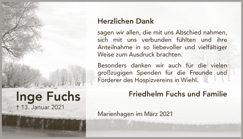  Traueranzeige für Inge Fuchs vom 19.03.2021 aus  Anzeigen Echo 