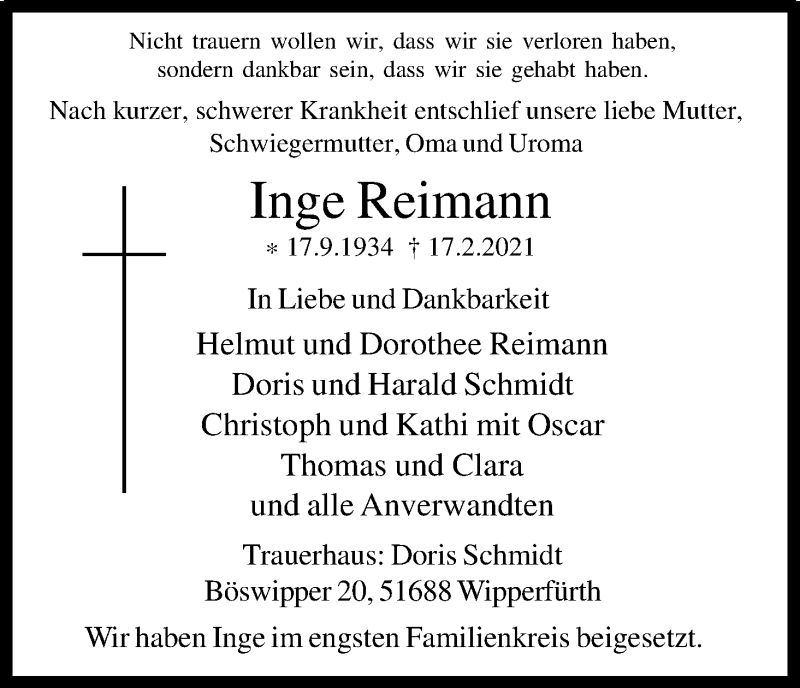  Traueranzeige für Inge Reimann vom 13.03.2021 aus Kölner Stadt-Anzeiger / Kölnische Rundschau / Express