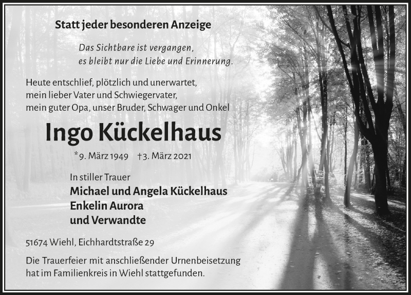  Traueranzeige für Ingo Kückelhaus vom 12.03.2021 aus  Anzeigen Echo 