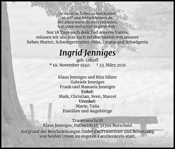 Anzeige von Ingrid Jenniges von Kölner Stadt-Anzeiger / Kölnische Rundschau / Express