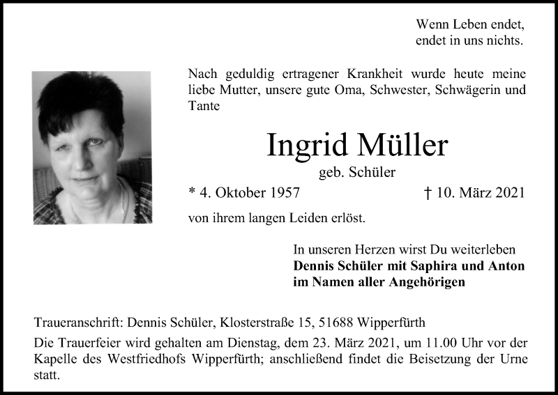  Traueranzeige für Ingrid Müller vom 19.03.2021 aus Kölner Stadt-Anzeiger / Kölnische Rundschau / Express