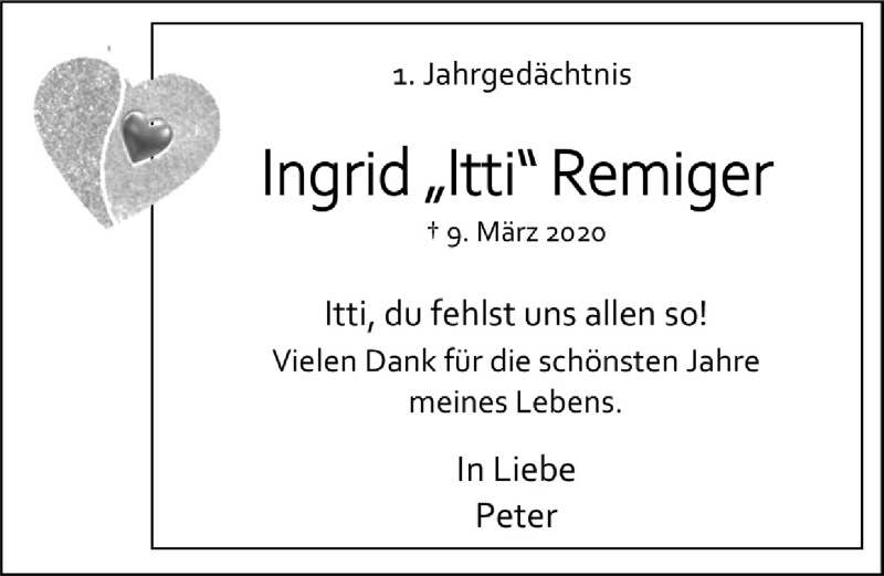  Traueranzeige für Ingrid Remiger vom 05.03.2021 aus  Bergisches Handelsblatt 