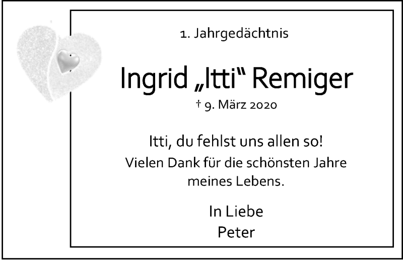  Traueranzeige für Ingrid Remiger vom 09.03.2021 aus Kölner Stadt-Anzeiger / Kölnische Rundschau / Express