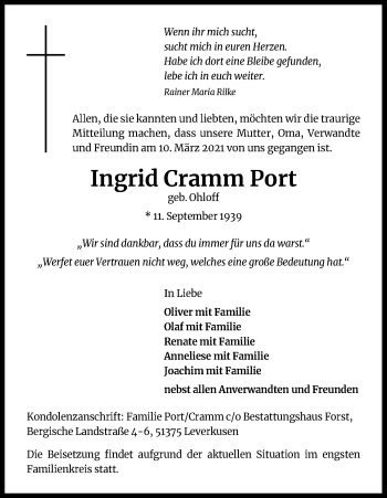Anzeige von Ingrid Cramm Port von Kölner Stadt-Anzeiger / Kölnische Rundschau / Express
