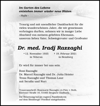 Anzeige von Iradj Razzaghi von Kölner Stadt-Anzeiger / Kölnische Rundschau / Express