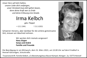 Anzeige von Irma Kelbch von Kölner Stadt-Anzeiger / Kölnische Rundschau / Express