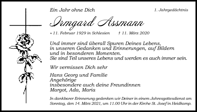  Traueranzeige für Irmgard Assmann vom 06.03.2021 aus Kölner Stadt-Anzeiger / Kölnische Rundschau / Express