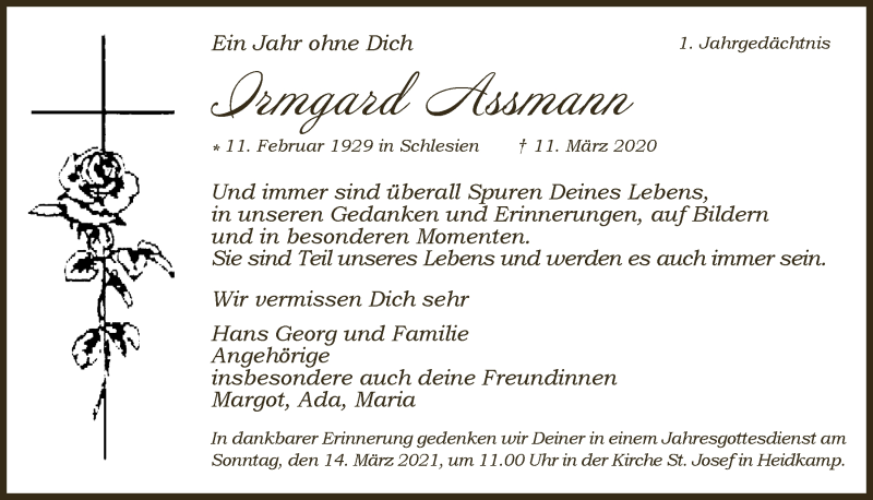  Traueranzeige für Irmgard Assmann vom 05.03.2021 aus  Bergisches Handelsblatt 