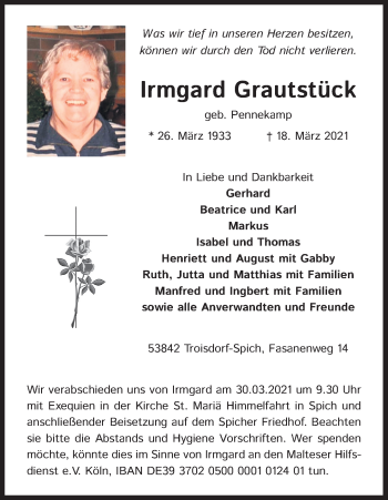 Anzeige von Irmgard Grautstück von Kölner Stadt-Anzeiger / Kölnische Rundschau / Express