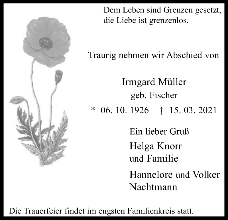  Traueranzeige für Irmgard Müller vom 20.03.2021 aus Kölner Stadt-Anzeiger / Kölnische Rundschau / Express