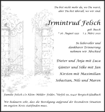 Anzeige von Irmintrud Felsch von Kölner Stadt-Anzeiger / Kölnische Rundschau / Express