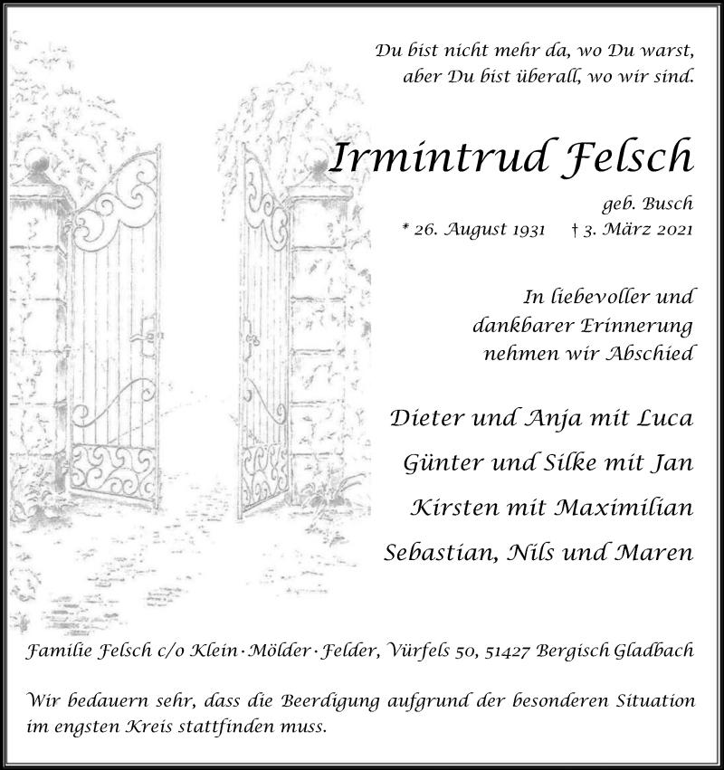  Traueranzeige für Irmintrud Felsch vom 13.03.2021 aus Kölner Stadt-Anzeiger / Kölnische Rundschau / Express