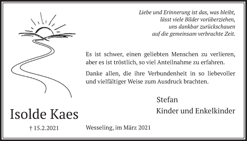  Traueranzeige für Isolde Kaes vom 05.03.2021 aus  Schlossbote/Werbekurier 