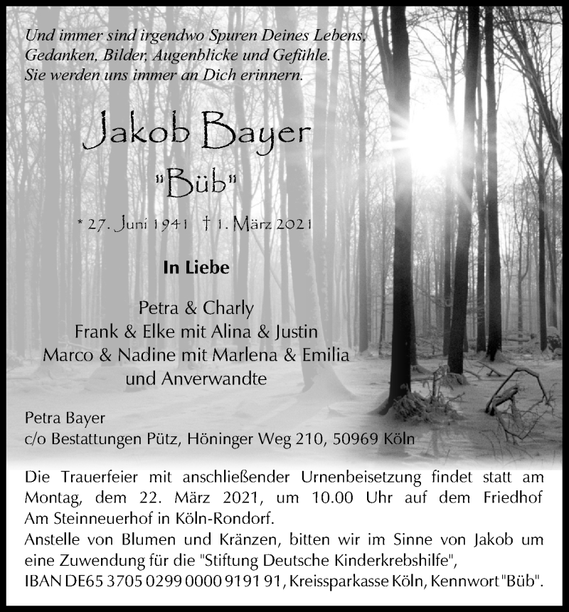  Traueranzeige für Jakob Bayer vom 13.03.2021 aus Kölner Stadt-Anzeiger / Kölnische Rundschau / Express