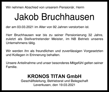 Anzeige von Jakob Bruchhausen von Kölner Stadt-Anzeiger / Kölnische Rundschau / Express