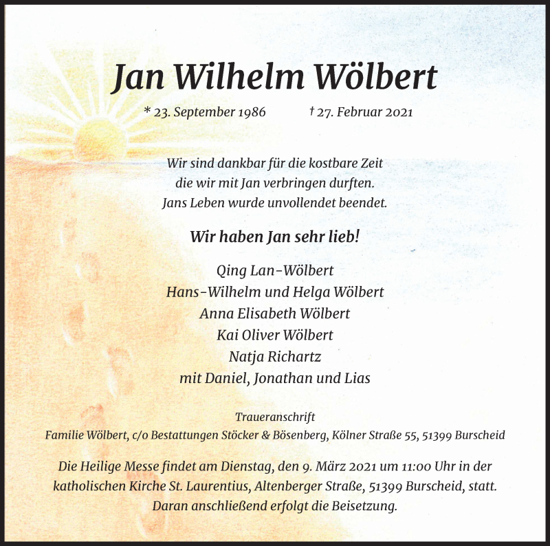  Traueranzeige für Jan Wilhelm Wölbert vom 06.03.2021 aus Kölner Stadt-Anzeiger / Kölnische Rundschau / Express