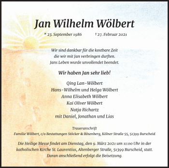 Anzeige von Jan Wilhelm Wölbert von Kölner Stadt-Anzeiger / Kölnische Rundschau / Express