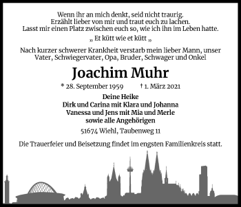 Anzeige von Joachim Muhr von Kölner Stadt-Anzeiger / Kölnische Rundschau / Express