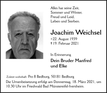 Anzeige von Joachim Weichsel von  Kölner Wochenspiegel 