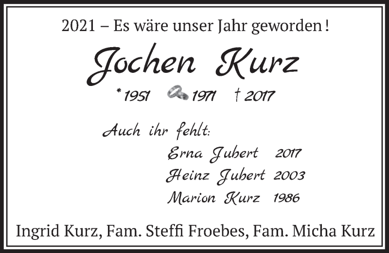  Traueranzeige für Jochen Kurz vom 19.03.2021 aus  Schlossbote/Werbekurier 